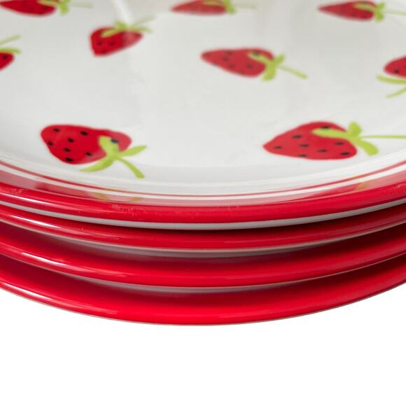 TERRAMOTO Strawberry Summer Ceramic 10.5" Plates Red and White Set of 4 NEW - Picture 3 of 8